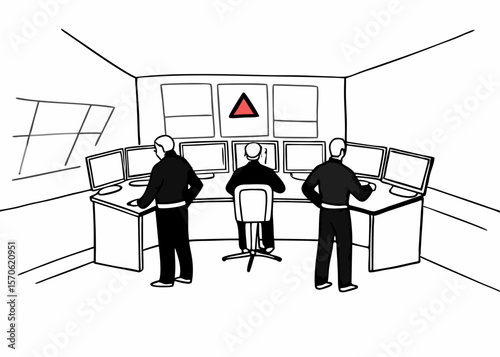 Control room illustration depicting operators and monitors in a modern surveillance or security context.