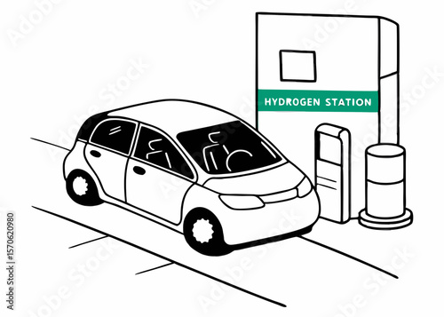Hydrogen powered electric car at a refueling station in simple black and white illustration