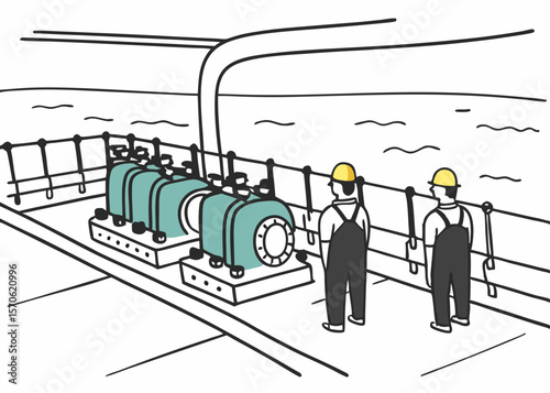 Illustration of engine room machinery with workers wearing protective gear for a design concept