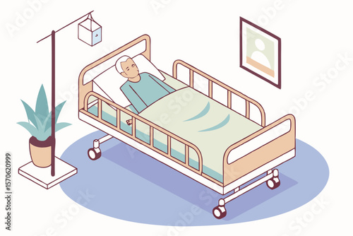 Illustration of a patient lying in hospital bed with iv drip and room plant, isometric perspective
