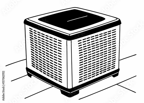 Isometric view of a modern air conditioning unit in clean black and white vector illustration suitable for various design applications