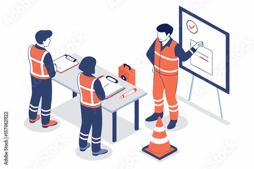 Isometric illustration of safety professionals in orange vests at a workplace safety briefing and presentation