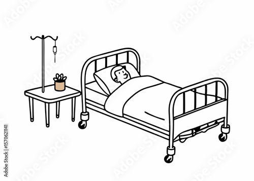 Line drawing of a patient in hospital bed with iv drip and table with transparency on white background