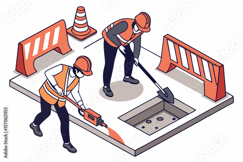 Isometric view of construction workers repairing the road with safety cones and barriers on a white background