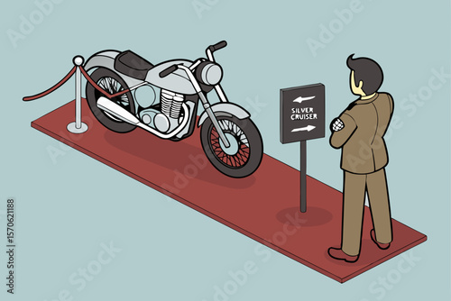 Retro motorcycle on display with a man observing near sign displaying silver cruiser text