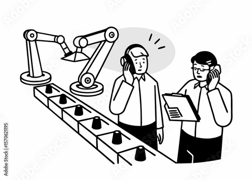 Production line illustration depicting automated manufacturing and communication with workers in a simplified black and white style