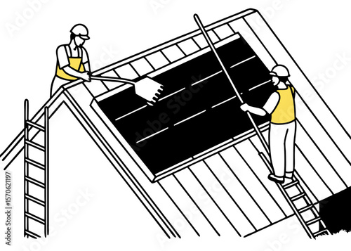 Renewable energy installers working together on solar panel installation illustrated on a white background