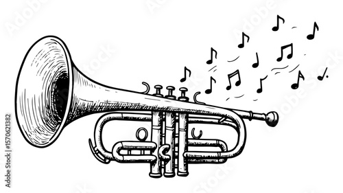 trumpet with musical notes hand drawn sketch illustration