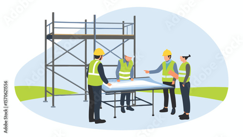Construction workers reviewing blueprints near scaffolding on a building project site together now