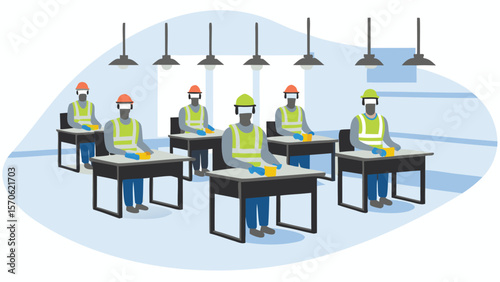 Illustration of factory workers wearing safety gear at desks under industrial lighting setting scene