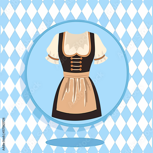 From the series "oktoberfest", Bavarian dirndl on the background of traditional bavarian pattern with blue and white dimonds