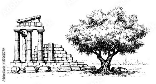 ancient greek ruins with olive tree sketch vector illustration