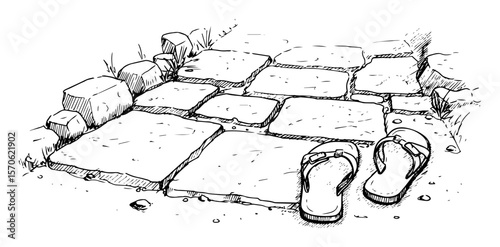 ancient stone path with sandals hand drawn vector sketch