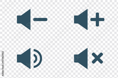 Set of four speaker icons representing mute, unmute, volume up, and volume down options for user interface and audio settings. Plus, minus, cross symbol icon. Eps 10