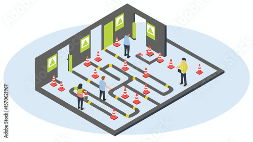 Isometric view of people navigating a course marked by cones and black lines in a room setting