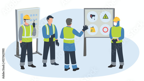 Group of workers in safety vests attending a safety briefing with hazard signs on a presentation board