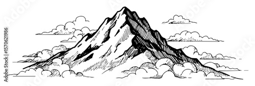 mountain peak above clouds hand drawn vector landscape sketch