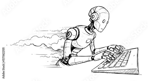 fast robot typing on laptop keyboard sketch illustration