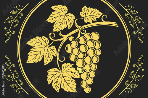 grapes, golden grapes, grape bunch, grape leaves, golden grape bunch, golden grapes with leaves, vine leaves, circular design, black background, gold frame, gold accents, luxurious, ornate, elegant