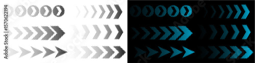 Halftone movement arrow vector, creating a dynamic sense of direction with a trendy dot pattern. Ideal for modern graphics, progress indicators, or abstract backgrounds needing a textured flow.