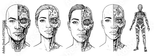 human face with cyborg robot elements line art