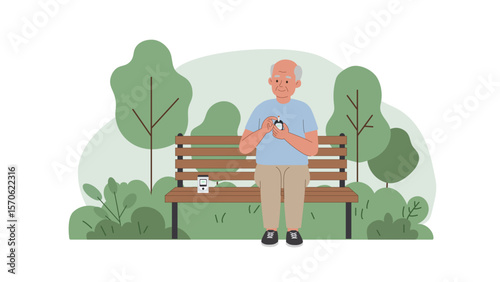 Elderly man checks blood sugar on a park bench in a peaceful nature setting. Soft colors and minimal vector design conveying calmness, health, and self-care