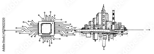 microchip merging city skyline vector sketch illustration