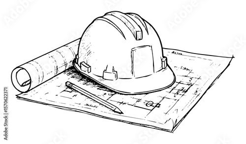 construction hard hat on blueprints vector sketch illustration