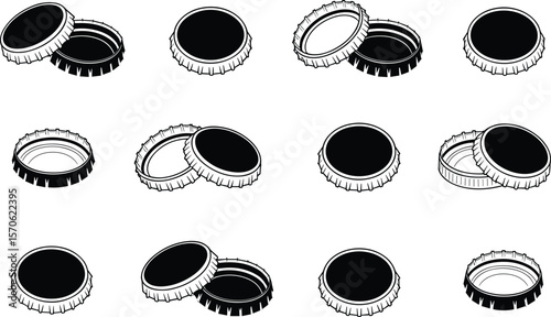 Bottle caps collection, metal caps illustration, beer cap design, black and white vector, crown caps set, isolated bottle top art
