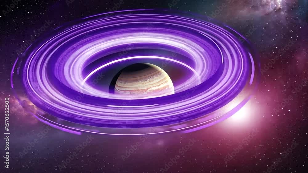 A vibrant cosmic scene showcasing a swirling purple galaxy surrounding a planet