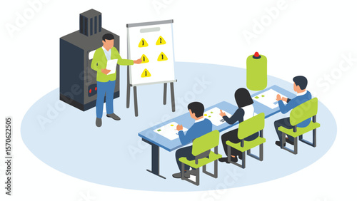 Instructor leading a safety training session with participants at tables and a chart with warnings