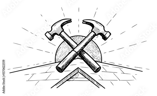 roofer logo with crossed hammers on roof sketch vector illustration