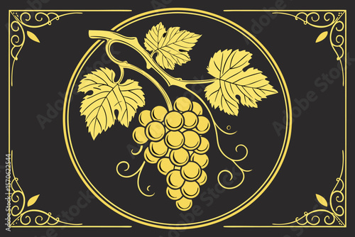 grapes, golden grapes, grape bunch, grape leaves, golden grape bunch, golden grapes with leaves, vine leaves, circular design, black background, gold frame, gold accents, luxurious, ornate, elegant