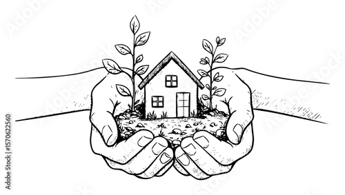 hands holding house with plants eco friendly home concept sketch