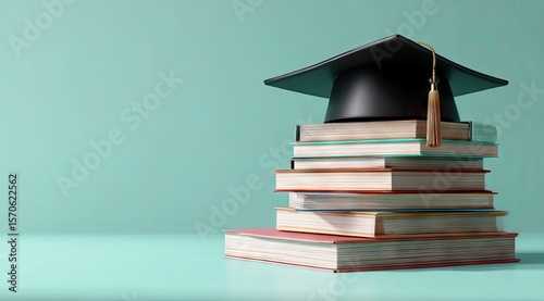 A black graduation cap rests atop a stack of colorful books against a mint green background.  The scene is simple and clean, suggesting education and achievement