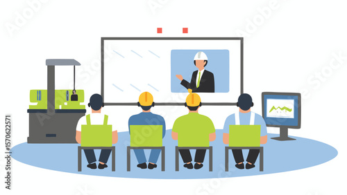 Workers attending online training session with instructor on screen and factory equipment present near them