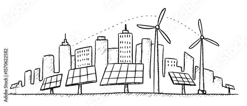 green city with solar panels and wind turbines vector sketch