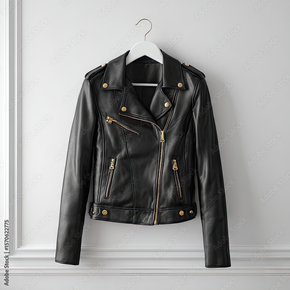 Naklejka premium A black leather moto jacket with gold hardware hangs on a white hanger against a white wall with subtle paneling