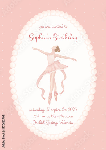 Birthday party invitation card cute pink pastel with ballerina illustration