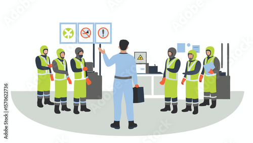 A man in blue suit is giving instructions to a group of workers wearing safety gear and vests inside a factory