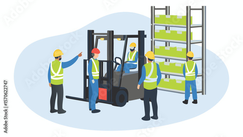 Workers in a warehouse with a forklift truck and shelves of boxes discussing logistics and planning work