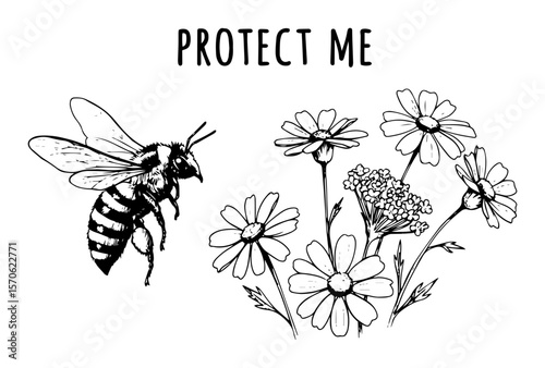 bee with flowers and protect me text line art