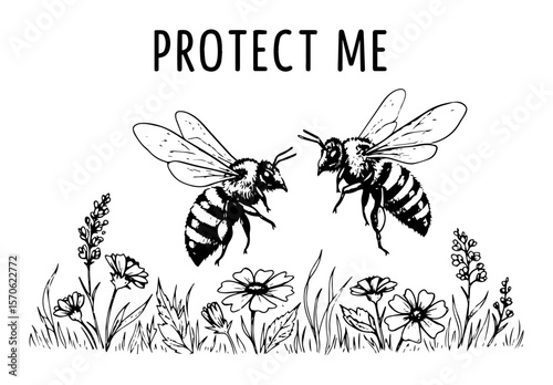 protect bees with wildflowers vector sketch illustration