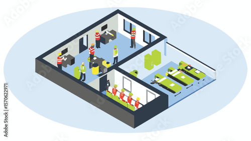 Isometric view of a building interior showing workers in different rooms and green vehicles parked inside
