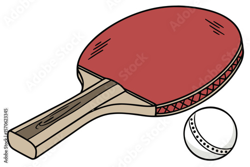 table tennis racket, white table tennis ball, red patterned ping pong paddle, realistic, detailed, high quality