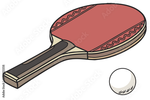 table tennis racket, white table tennis ball, red patterned ping pong paddle, realistic, detailed, high quality