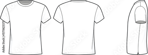 Tshirt front, back, side view, flat vector illustration, short sleeve crewneck t-shirt cad drawing, fashion sketch template mockup