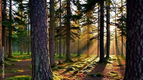 Golden sunbeams filter through the autumn leaves, illuminating a tranquil forest path