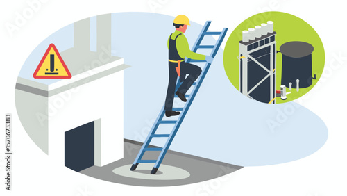 A worker climbs a ladder to inspect a water system near a building with a hazard warning sign shown