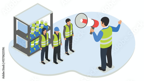 Isometric view of workers in vests and hardhats with a supervisor using a megaphone to address them